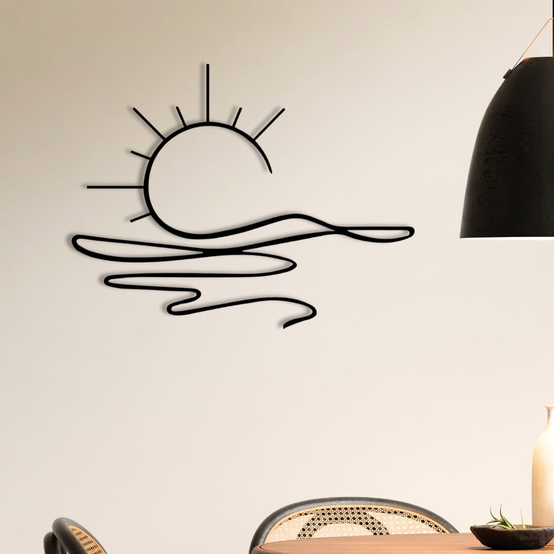 Sunrise Metal Wall Art – 3D Minimal Sun and Wave Decor | 75x58 cm | Indoor & Outdoor Use
