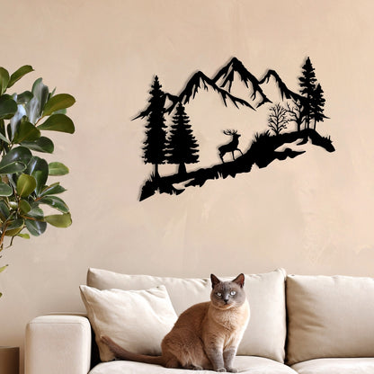 Mountain Deer Metal Wall Art – 3D Nature Scene with Trees & Mountains | 3 Sizes