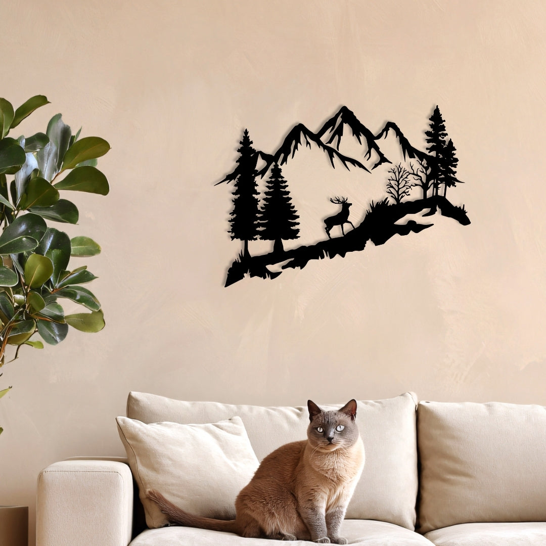 Mountain Deer Metal Wall Art – 3D Nature Scene with Trees & Mountains | 3 Sizes