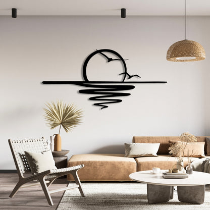 Sunset Metal Wall Art – 3D Minimal Seascape Wall Decor with Birds | 120x58 cm