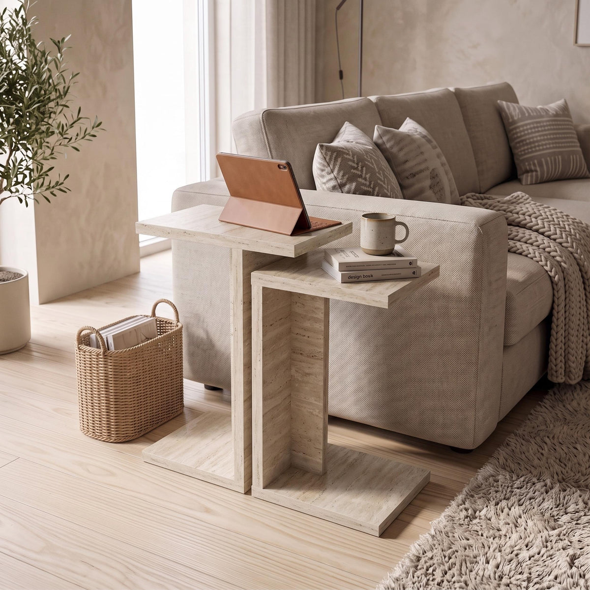 Jorsk C-Shaped Side Tables, Set of 2 (57 cm and 50 cm) — Travertine