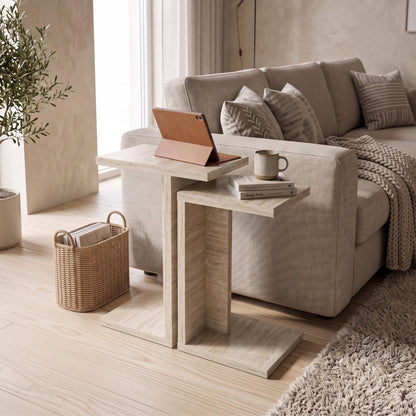Jorsk C-Shaped Side Tables, Set of 2 (57 cm and 50 cm) — Travertine