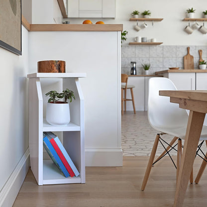 White particle board side table with open shelves, ideal for living rooms and compact modern spaces.
