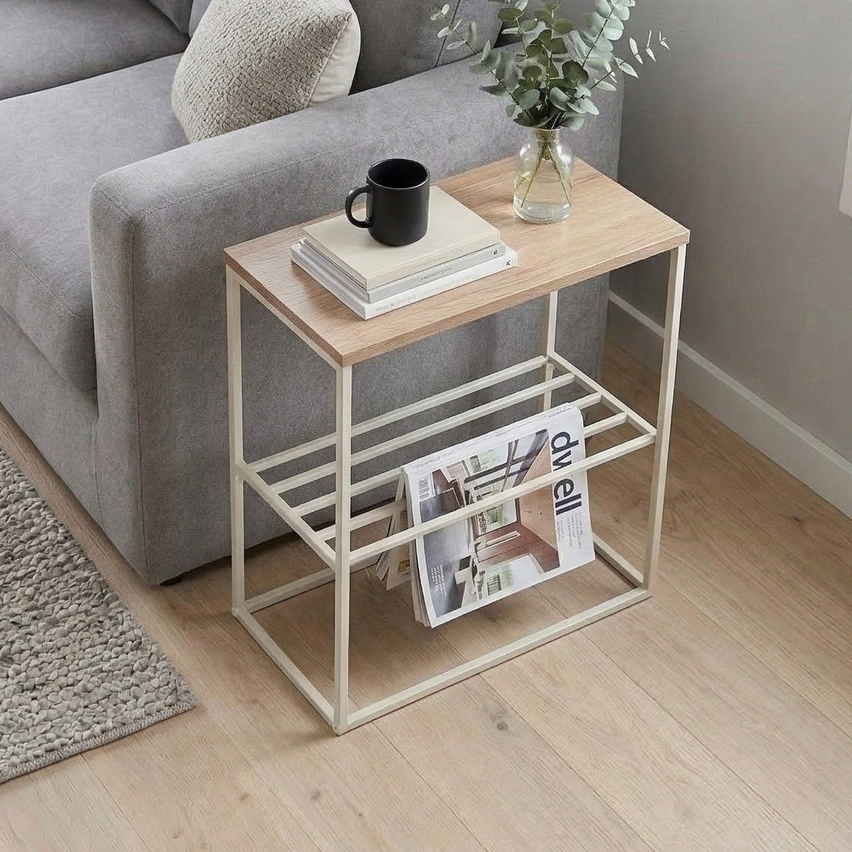 Pemby 55cm Slim End Table with Metal Magazine Rack — Natural Oak