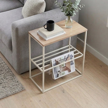 Pemby 55cm Slim End Table with Metal Magazine Rack — Natural Oak