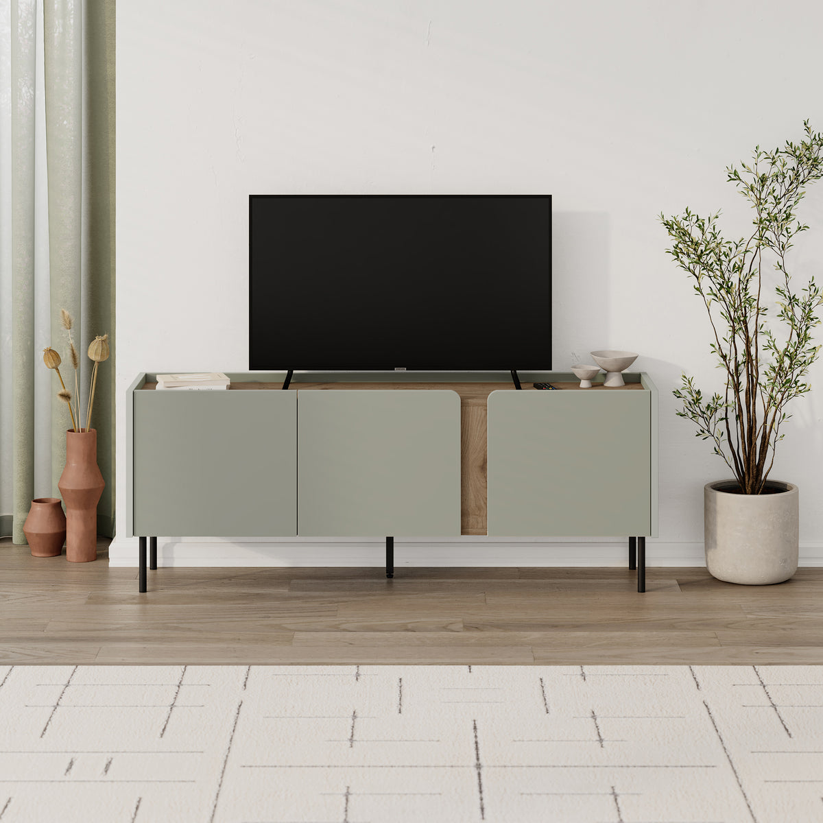 Eskor 140cm TV Stand with 3 Soft-Close Doors & 5 Shelves — Ash Green, Natural Oak