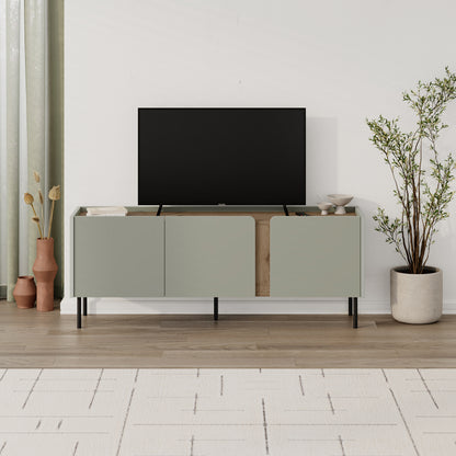Eskor 140cm TV Stand with 3 Soft-Close Doors & 5 Shelves — Ash Green, Natural Oak