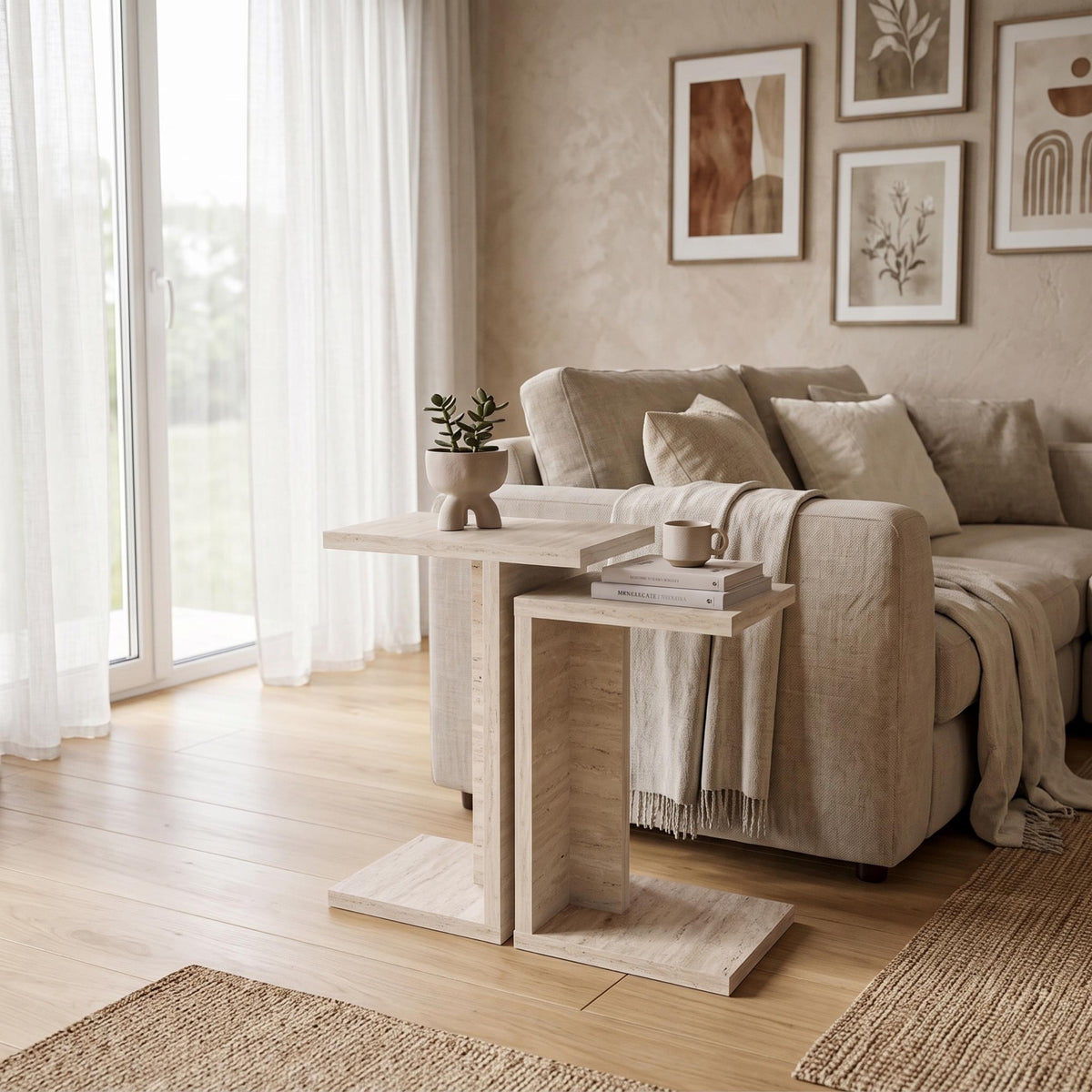 Jorsk C-Shaped Side Tables, Set of 2 (57 cm and 50 cm) — Travertine