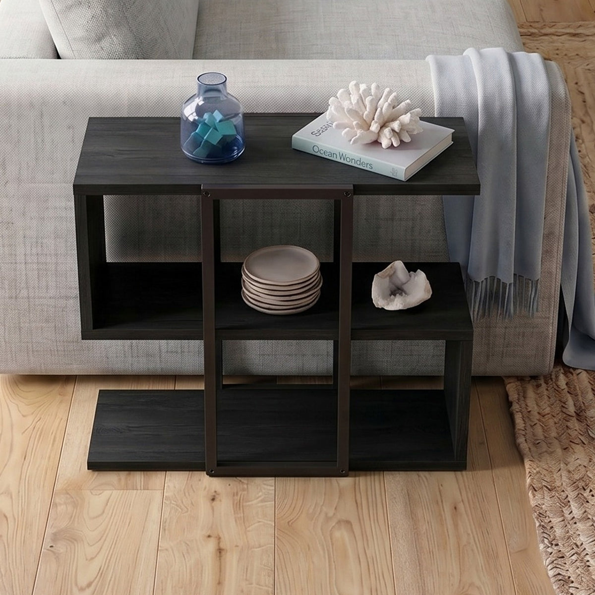 Grelle 56 cm Two-Tier Side Table with Metal Frame — Black Wood