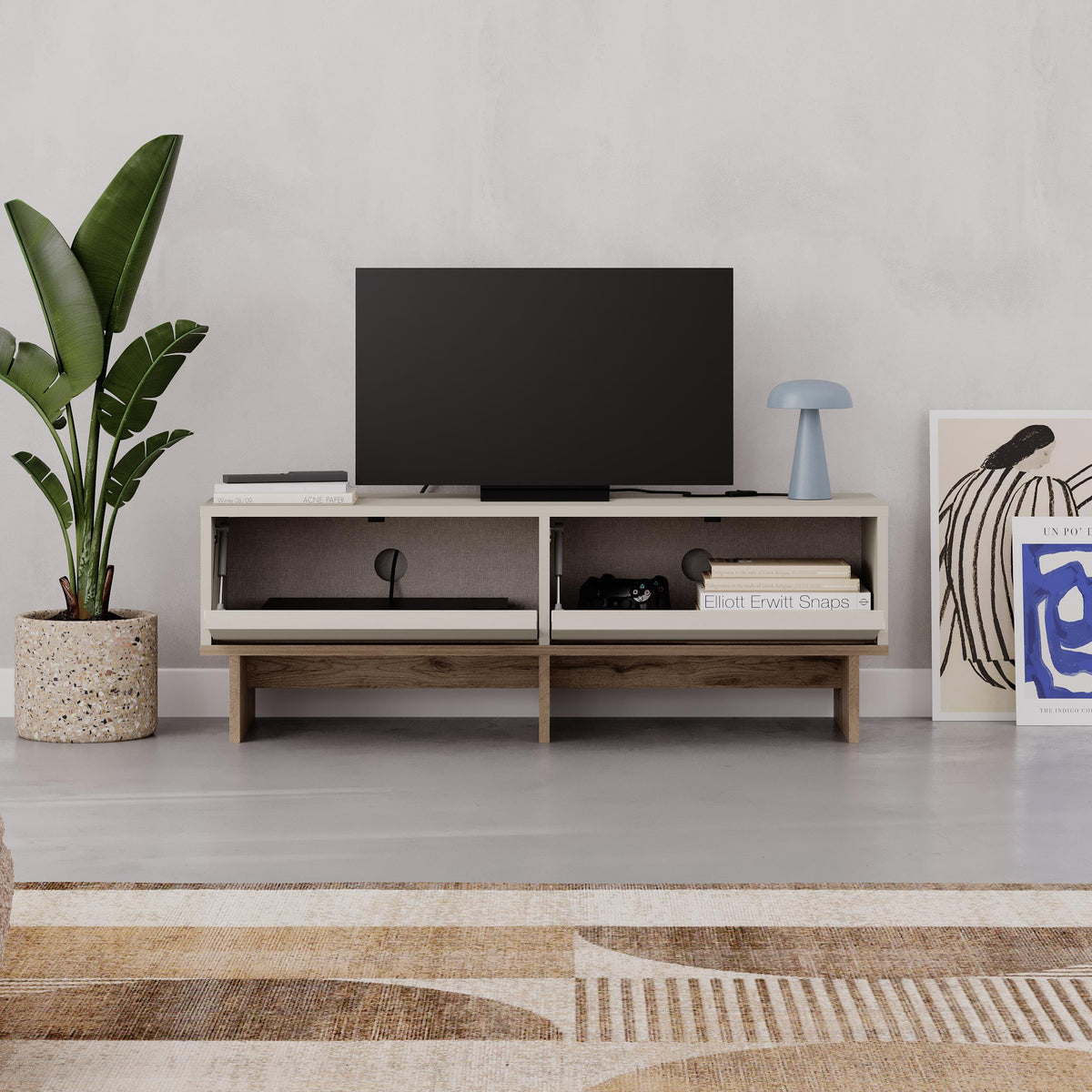 Eldro 118cm TV Stand with 2 Soft-Close Drop-Down Doors — Sandstone, Natural Oak