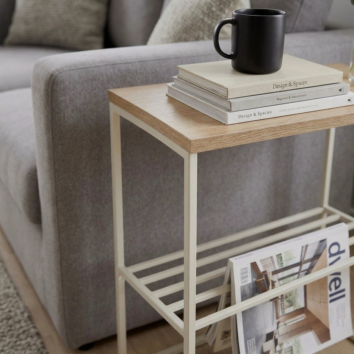 Pemby 55cm Slim End Table with Metal Magazine Rack — Natural Oak