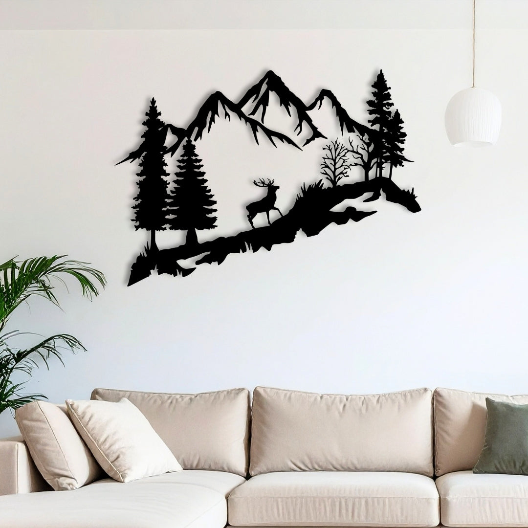Mountain Deer Metal Wall Art – 3D Nature Scene with Trees & Mountains | 3 Sizes