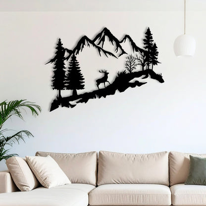 Mountain Deer Metal Wall Art – 3D Nature Scene with Trees & Mountains | 3 Sizes
