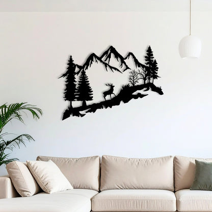 Mountain Deer Metal Wall Art – 3D Nature Scene with Trees & Mountains | 3 Sizes