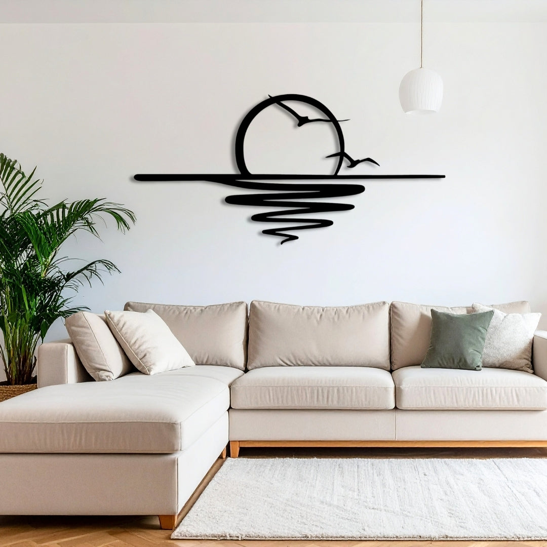 Sunset Metal Wall Art – 3D Minimal Seascape Wall Decor with Birds | 120x58 cm
