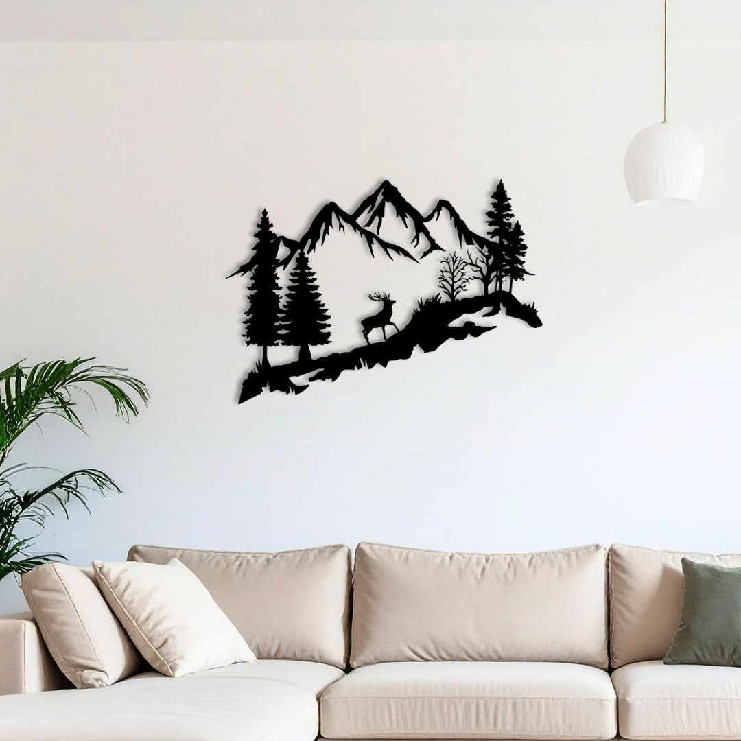 Mountain Deer Metal Wall Art – 3D Nature Scene with Trees & Mountains | 3 Sizes