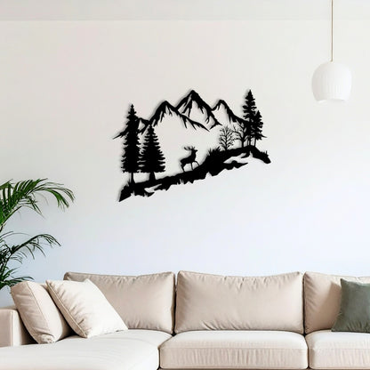 Mountain Deer Metal Wall Art – 3D Nature Scene with Trees & Mountains | 3 Sizes