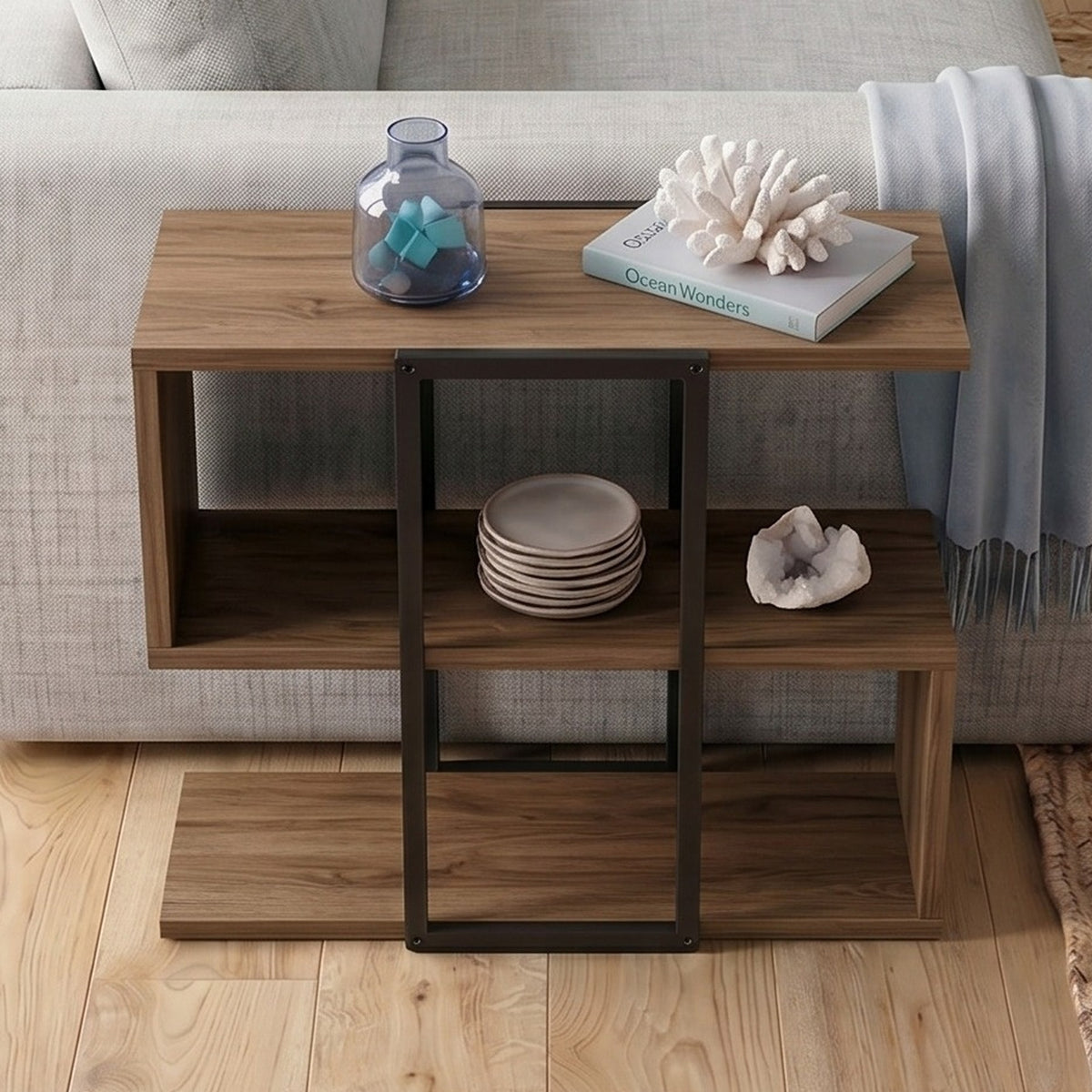 Grelle 56 cm Two-Tier Side Table with Metal Frame — Whiskey Oak