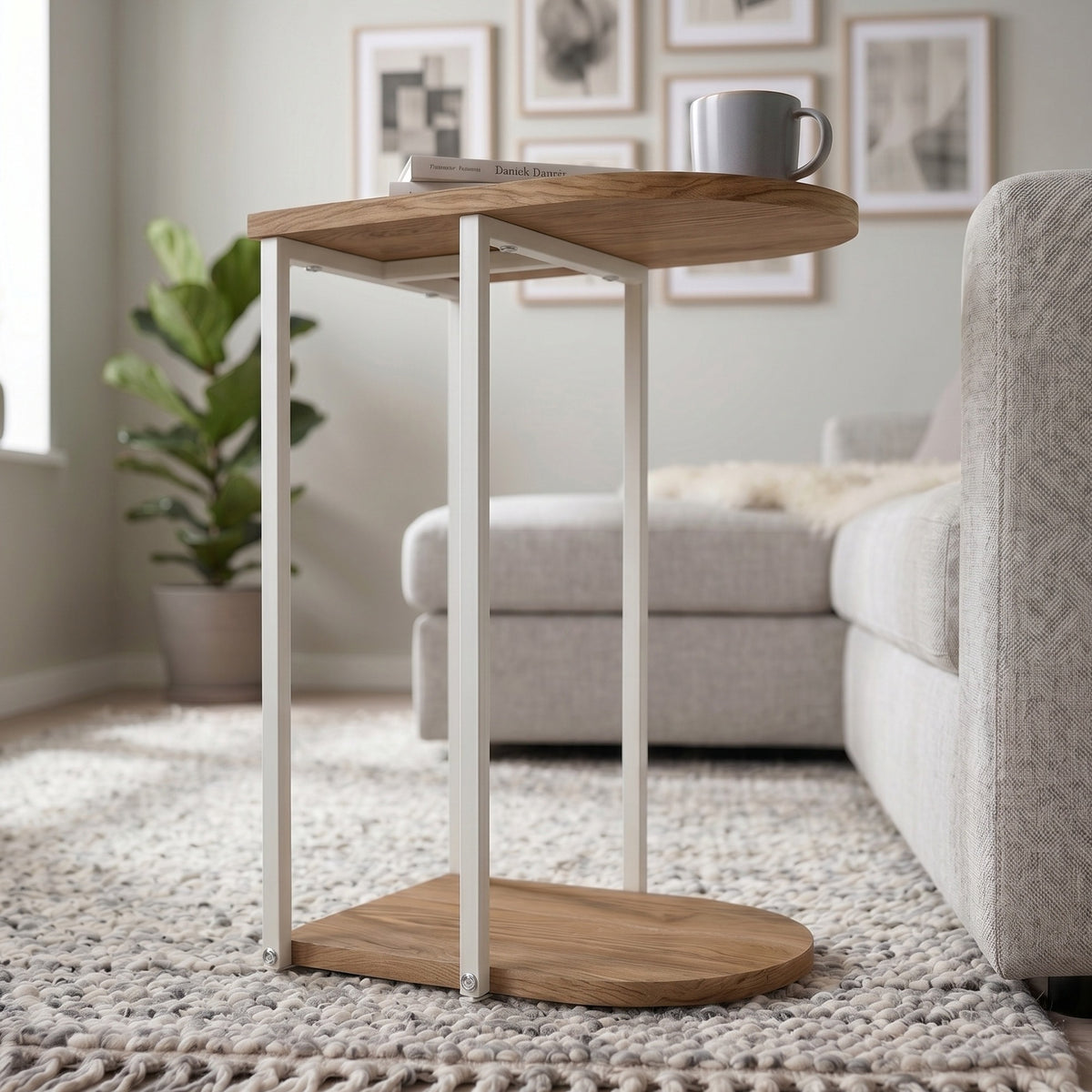 Yrsel 42cm Half-Round Side Table with Lower Shelf — Whiskey Oak