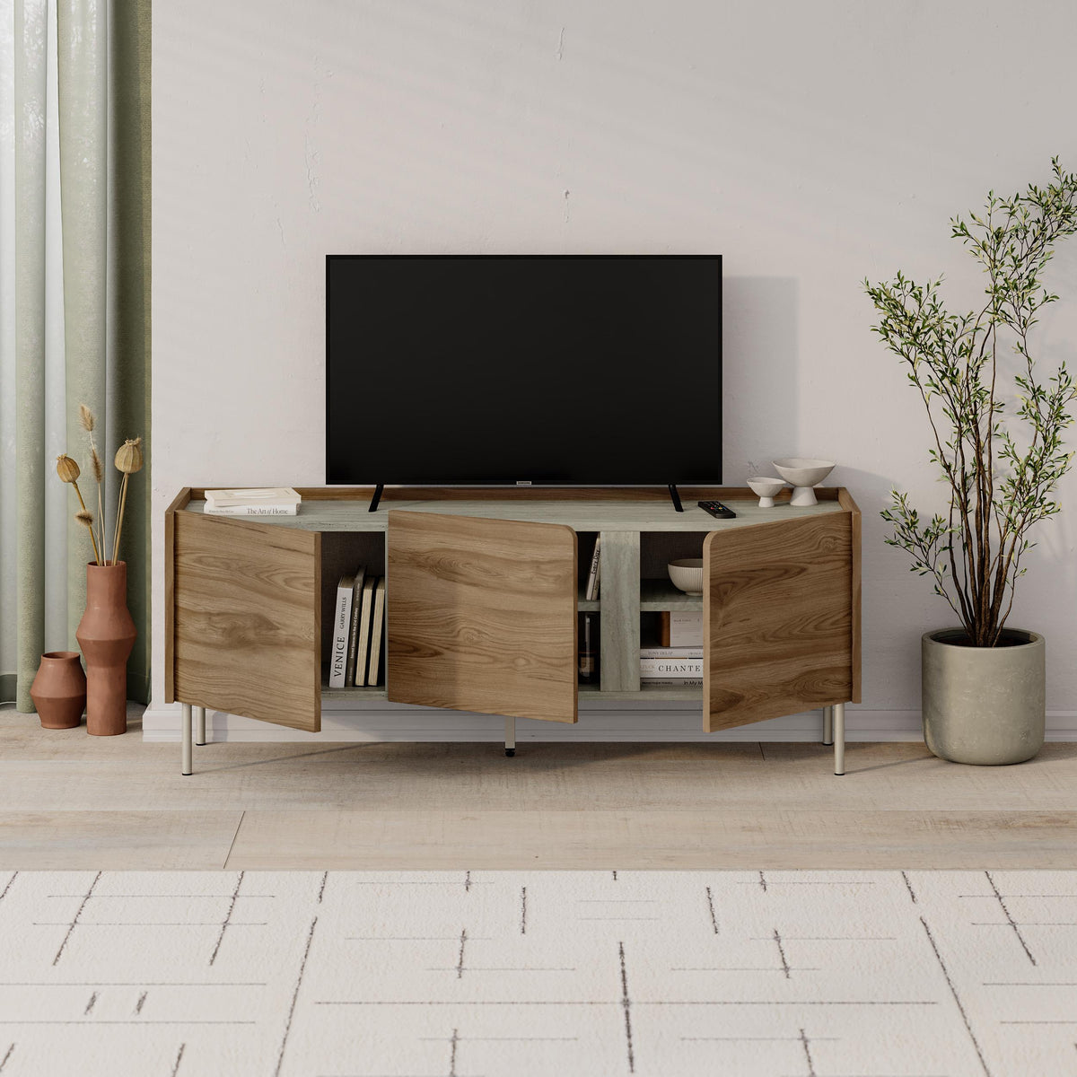 Eskor 140cm TV Stand with 3 Soft-Close Doors & 5 Shelves — Travertine, Whiskey Oak