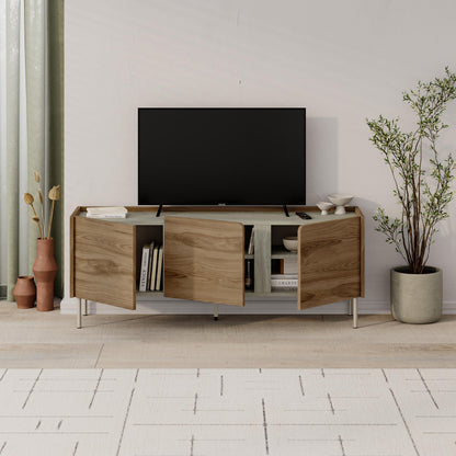 Eskor 140cm TV Stand with 3 Soft-Close Doors & 5 Shelves — Travertine, Whiskey Oak