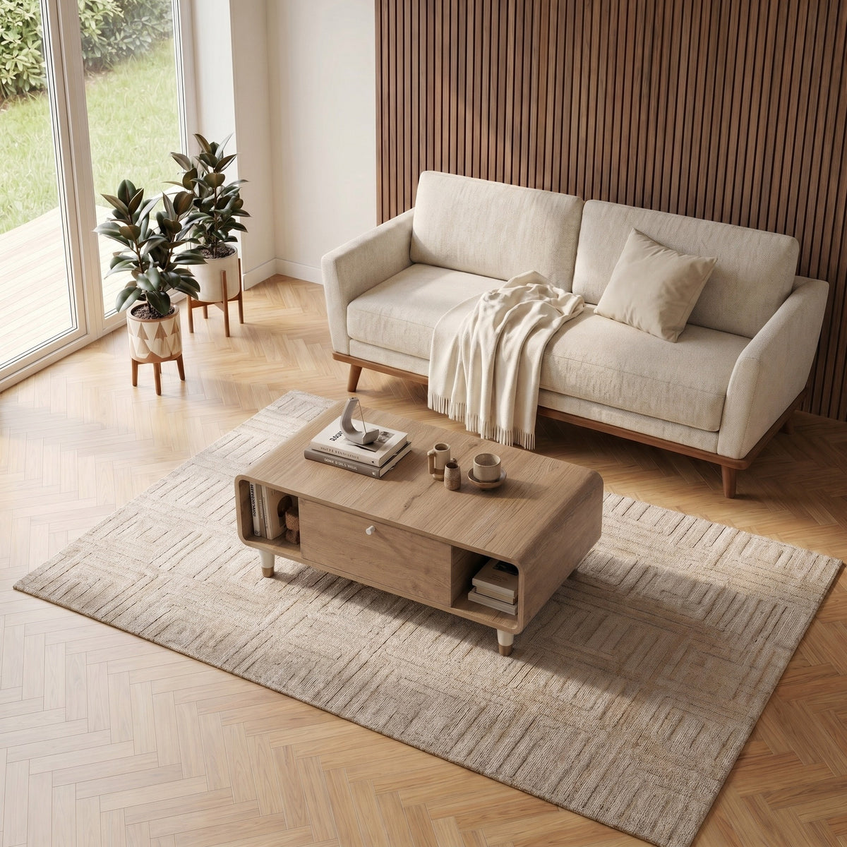 Dovrin 100 cm Coffee Table with Soft-Close Door Storage — Natural Oak