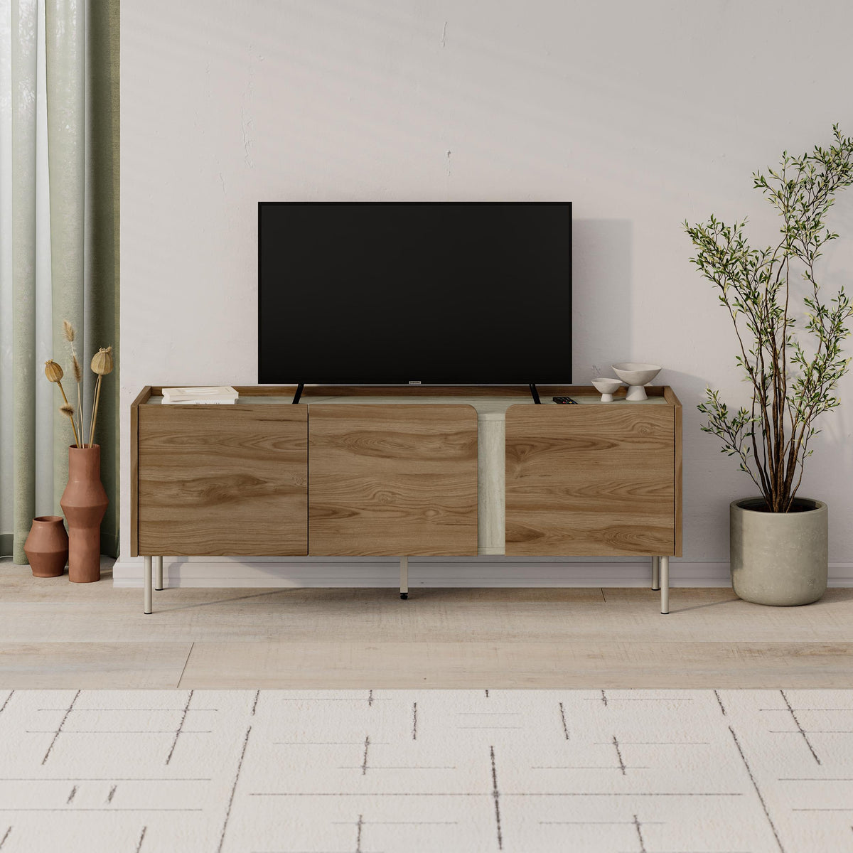 Eskor 140cm TV Stand with 3 Soft-Close Doors & 5 Shelves — Travertine, Whiskey Oak
