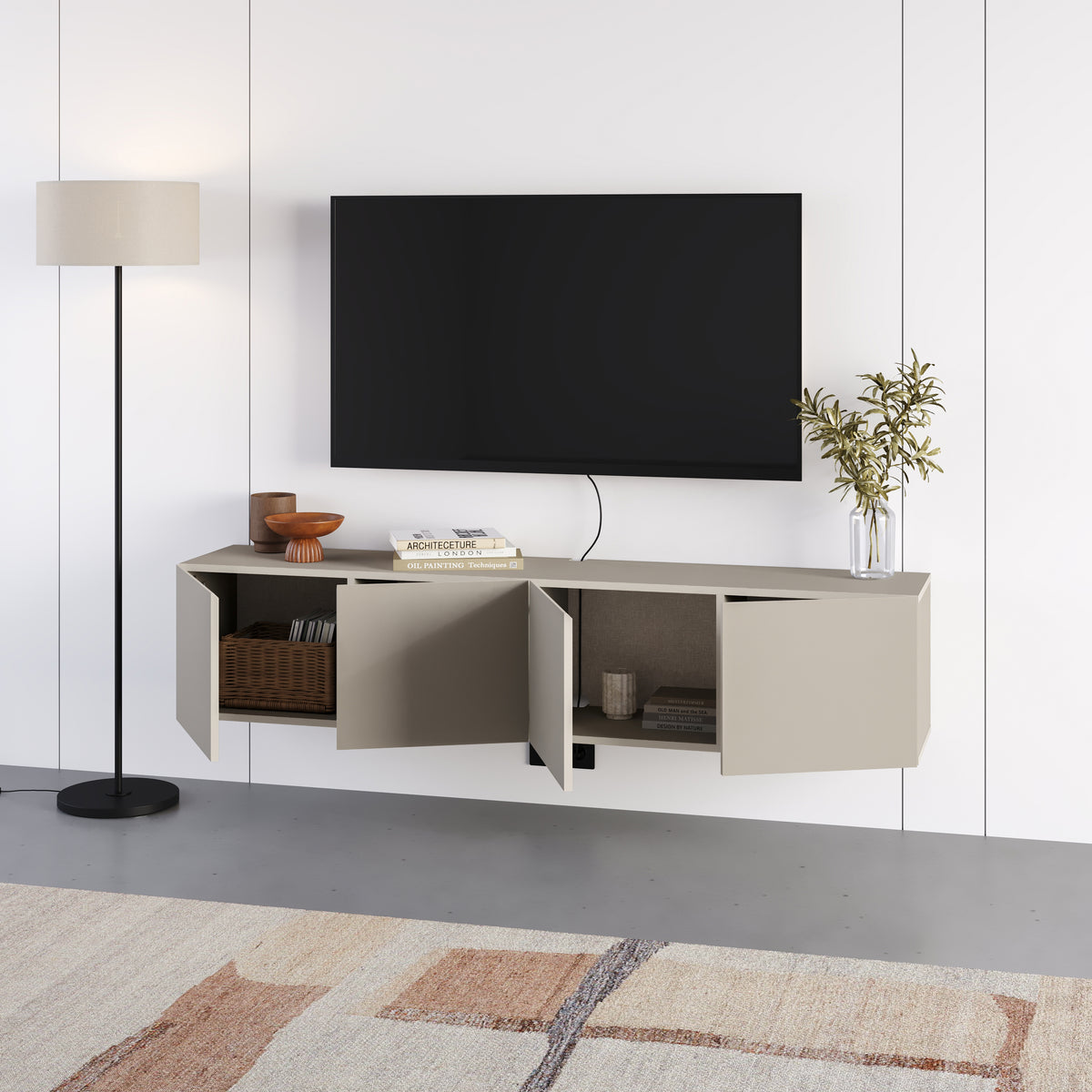 Hesmo 180cm Wall-Mounted TV Unit with 4 Soft-Close Doors — Sandstone