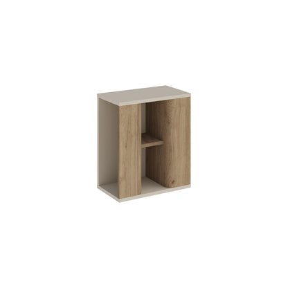 Rudmo 45 cm Slim Side Table with Open Storage Niches — Natural Oak, Sandstone