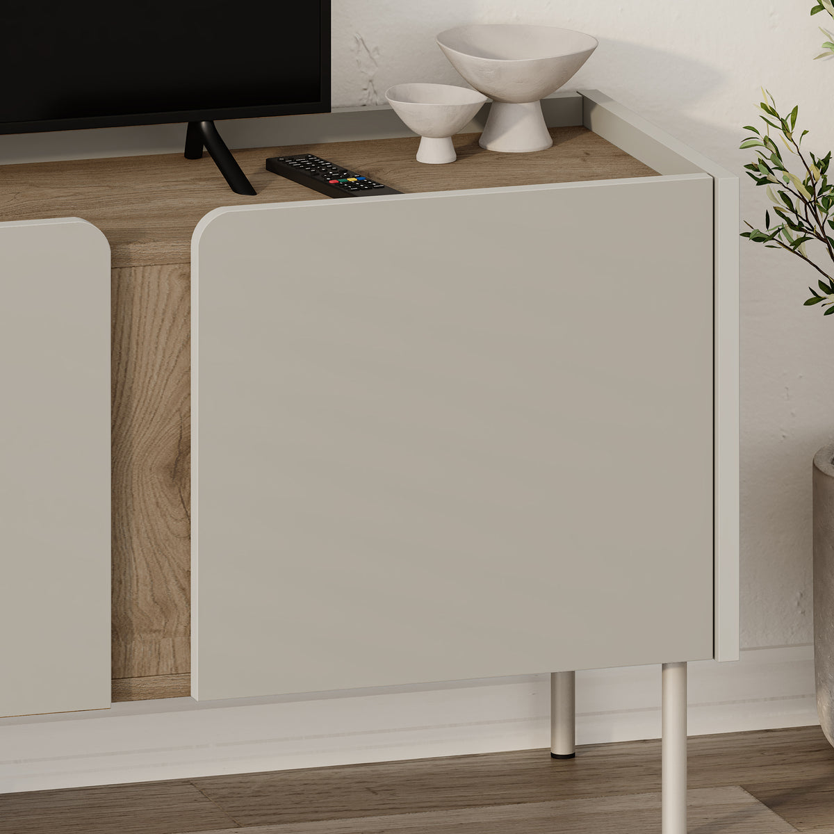 Eskor 140cm TV Stand with 3 Soft-Close Doors & 5 Shelves — Natural Oak, Sandstone