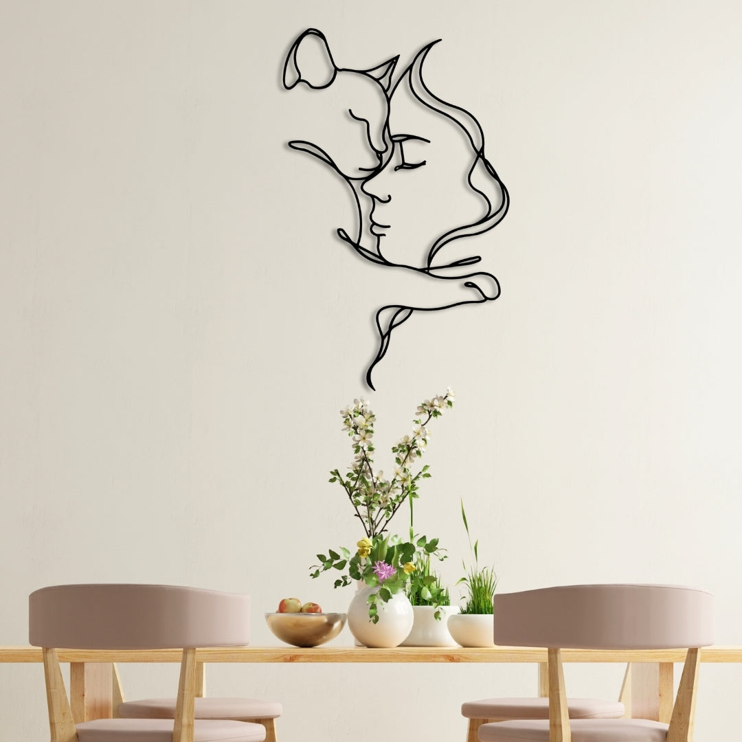 Cat Lover Metal Wall Art – 3D Metal Cat and Woman Wall Decor, 70x43.7 cm, Black