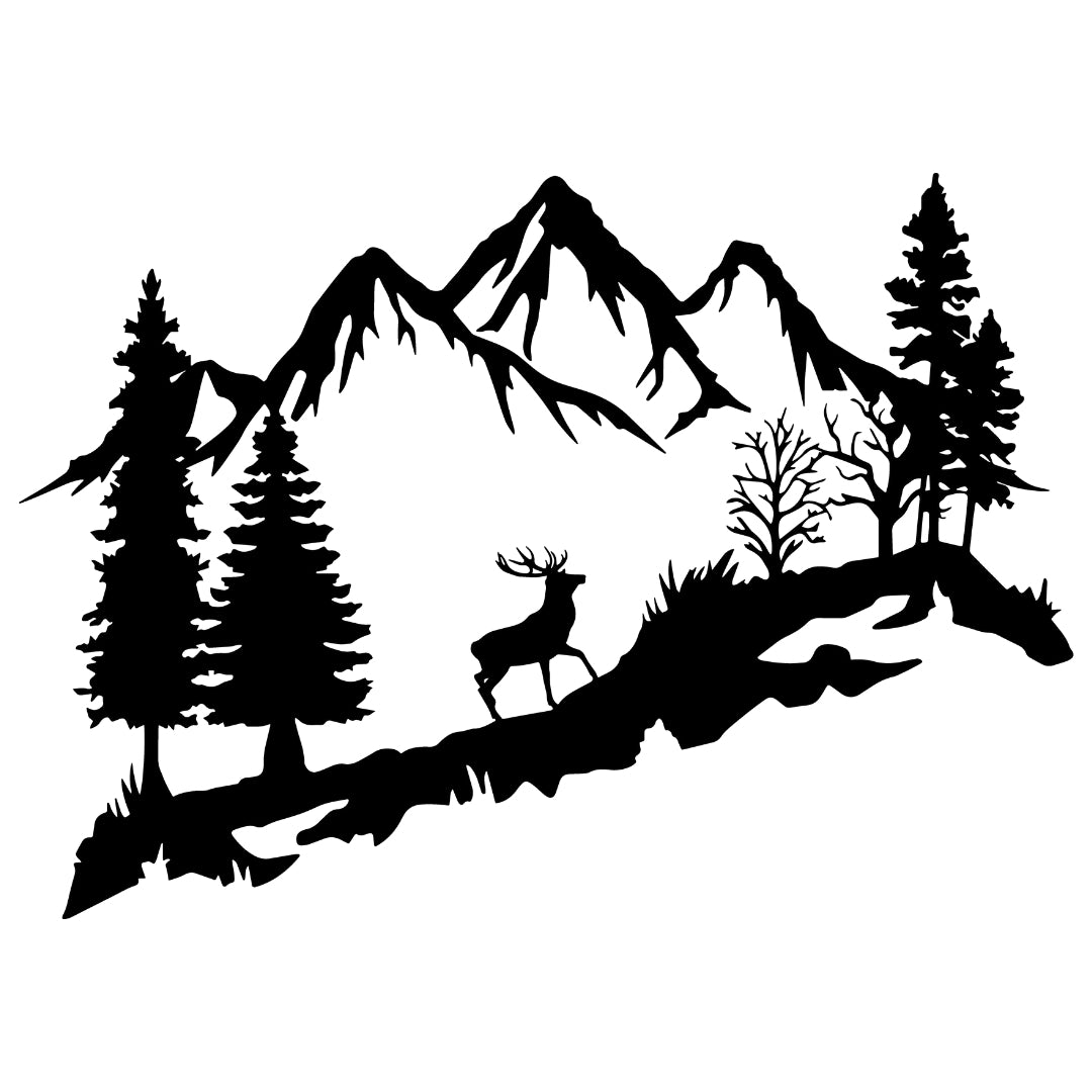 Mountain Deer Metal Wall Art – 3D Nature Scene with Trees & Mountains | 3 Sizes