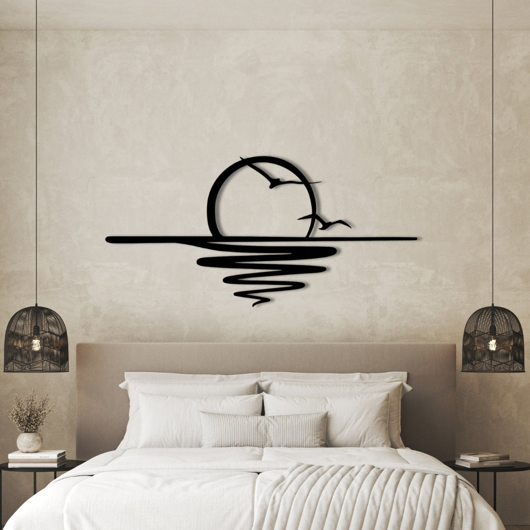 Sunset Metal Wall Art – 3D Minimal Seascape Wall Decor with Birds | 120x58 cm