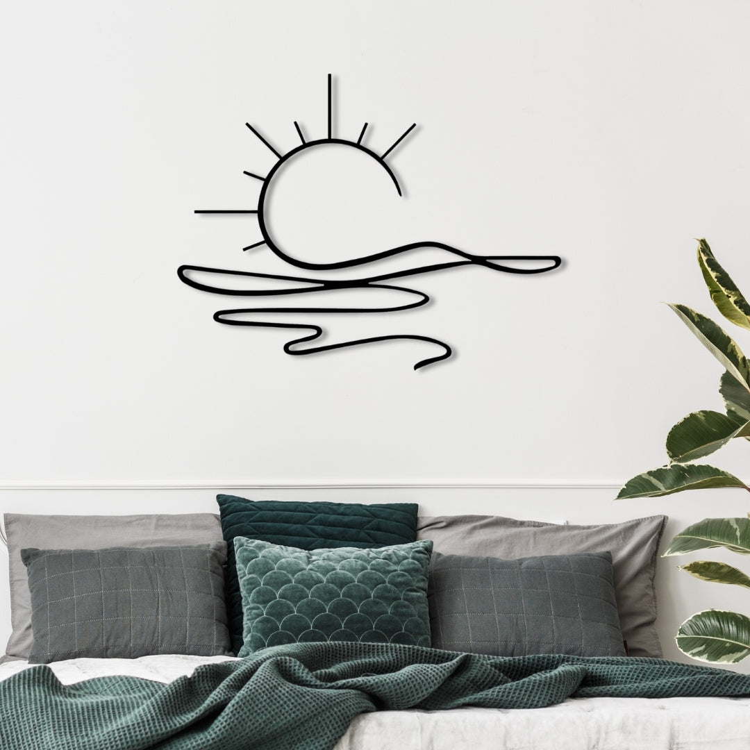Sunrise Metal Wall Art – 3D Minimal Sun and Wave Decor | 75x58 cm | Indoor & Outdoor Use