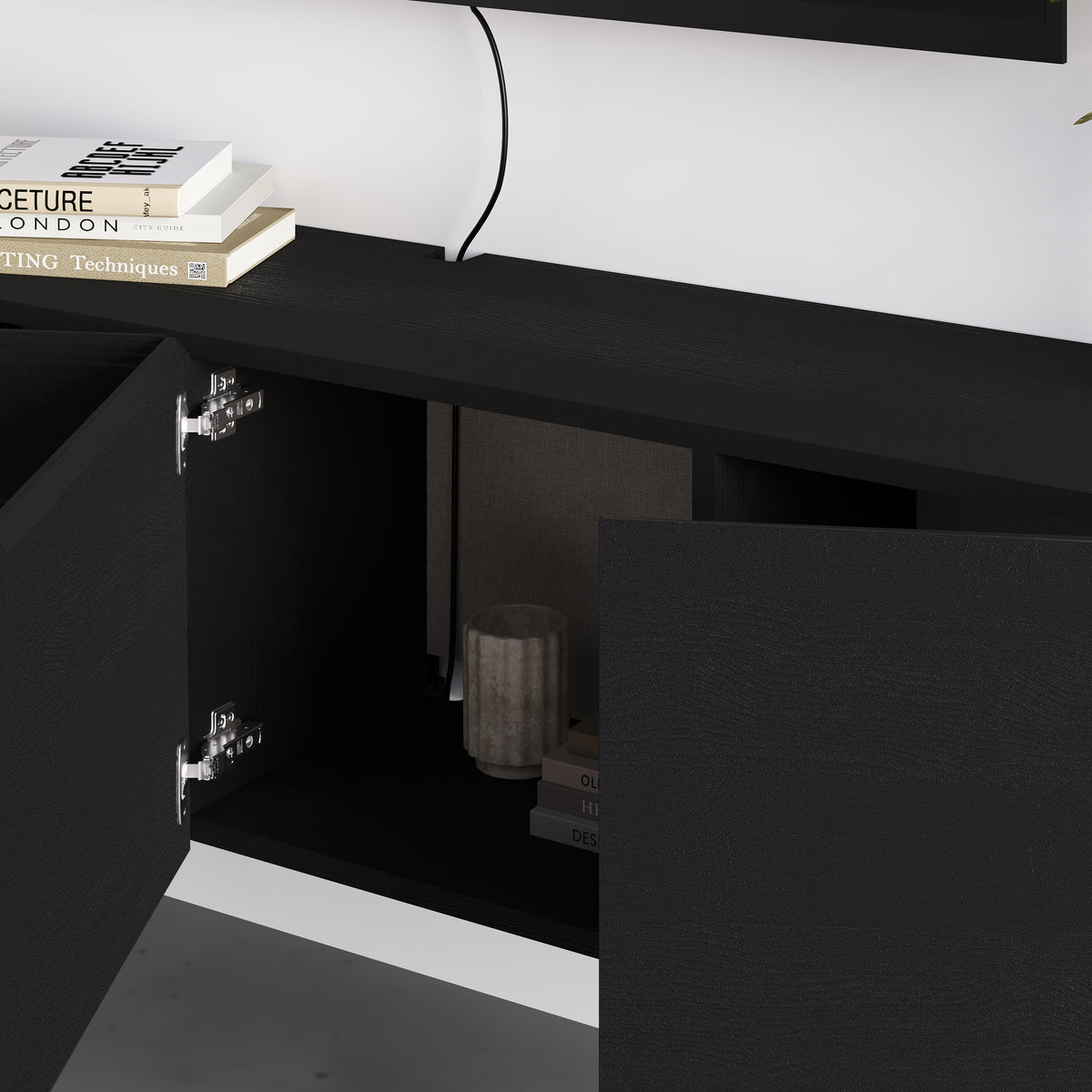 Hesmo 180cm Wall-Mounted TV Unit with 4 Soft-Close Doors — Black Wood