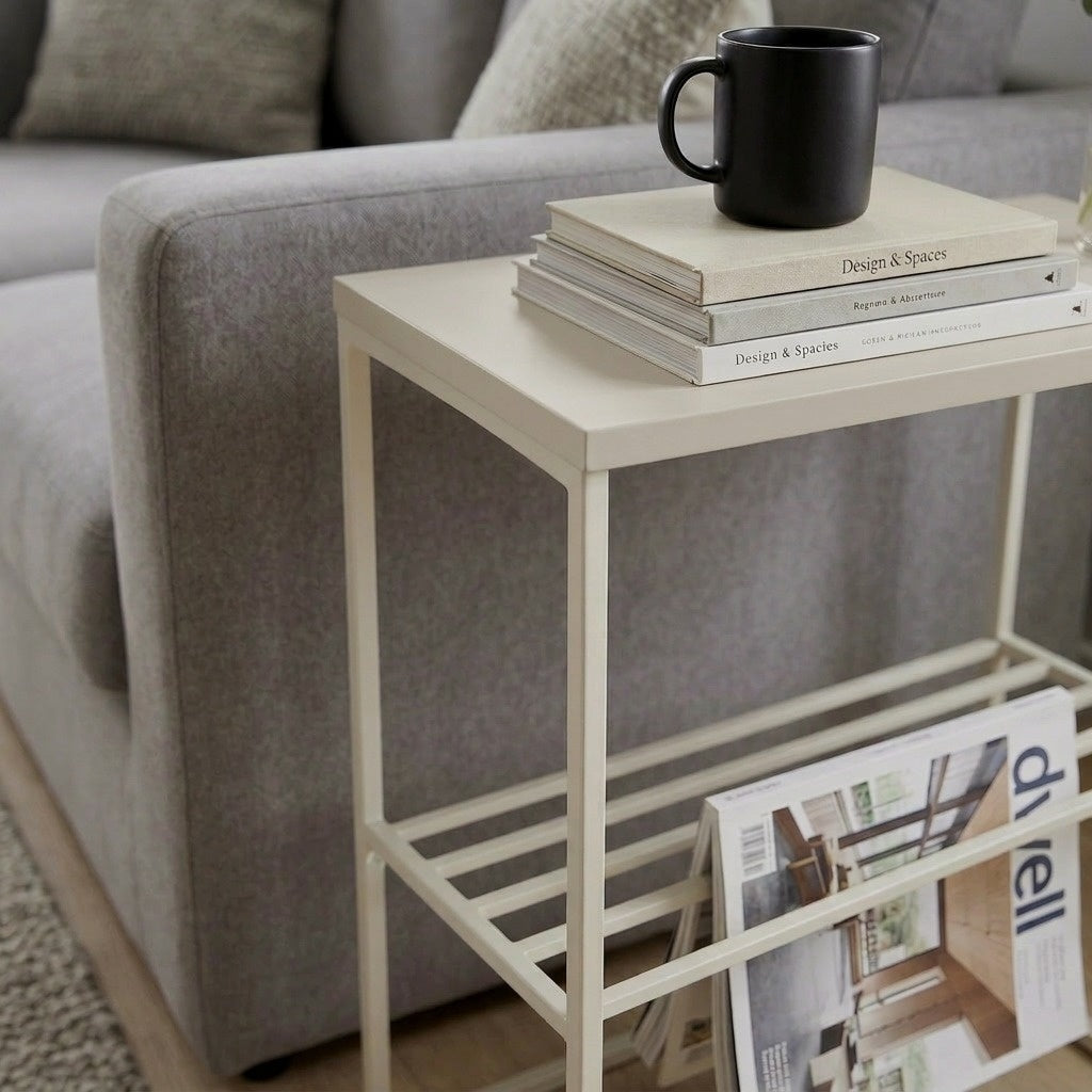 Pemby 55cm Slim End Table with Metal Magazine Rack — Sandstone