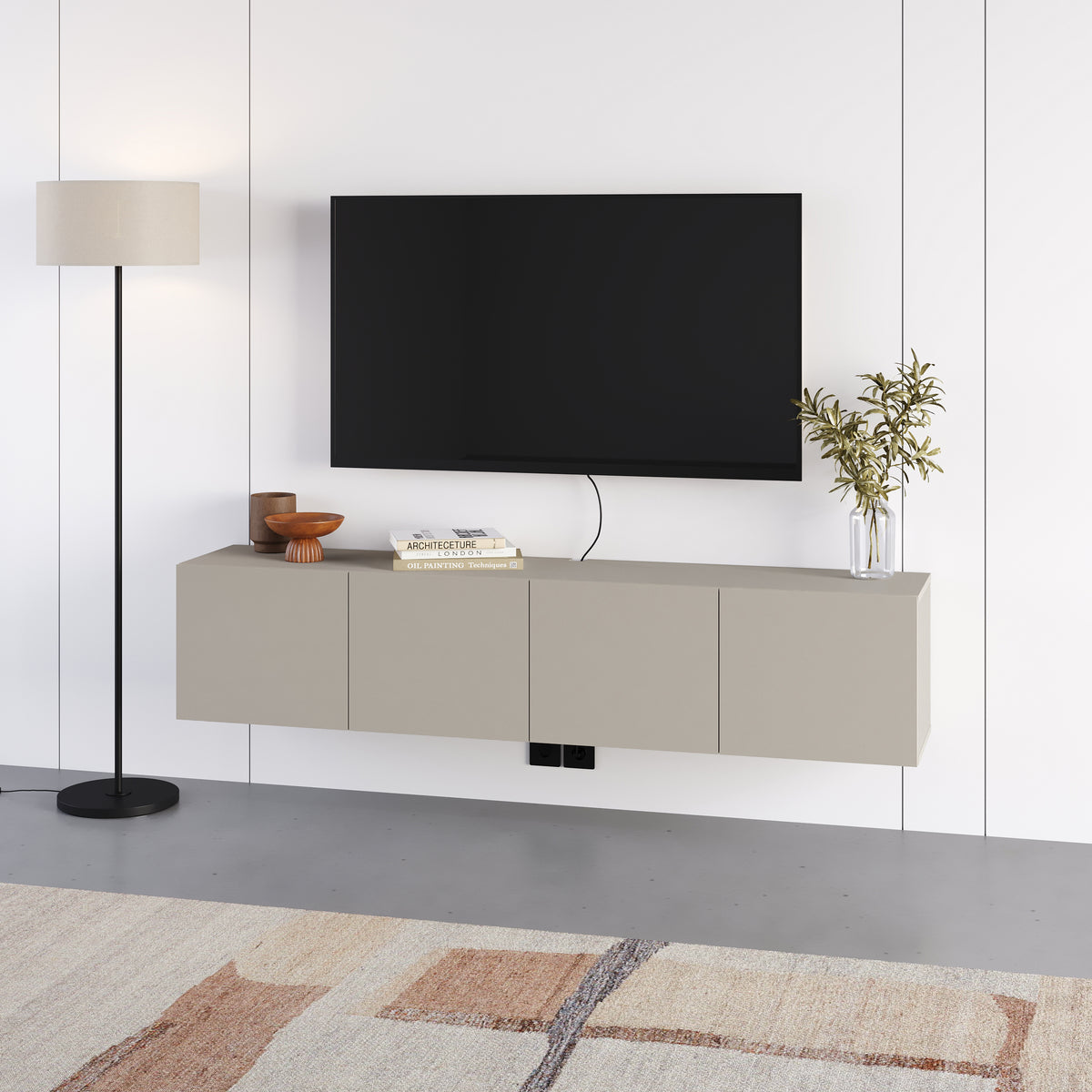 Hesmo 180cm Wall-Mounted TV Unit with 4 Soft-Close Doors — Sandstone