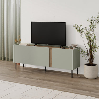 Eskor 140cm TV Stand with 3 Soft-Close Doors & 5 Shelves — Ash Green, Natural Oak