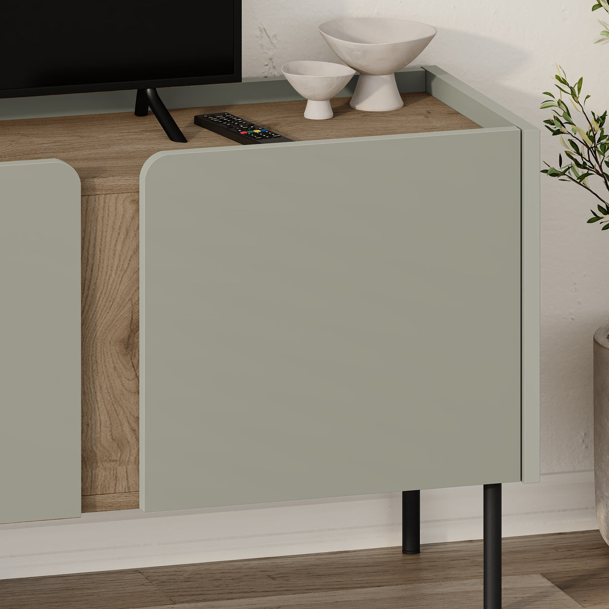 Eskor 140cm TV Stand with 3 Soft-Close Doors & 5 Shelves — Ash Green, Natural Oak