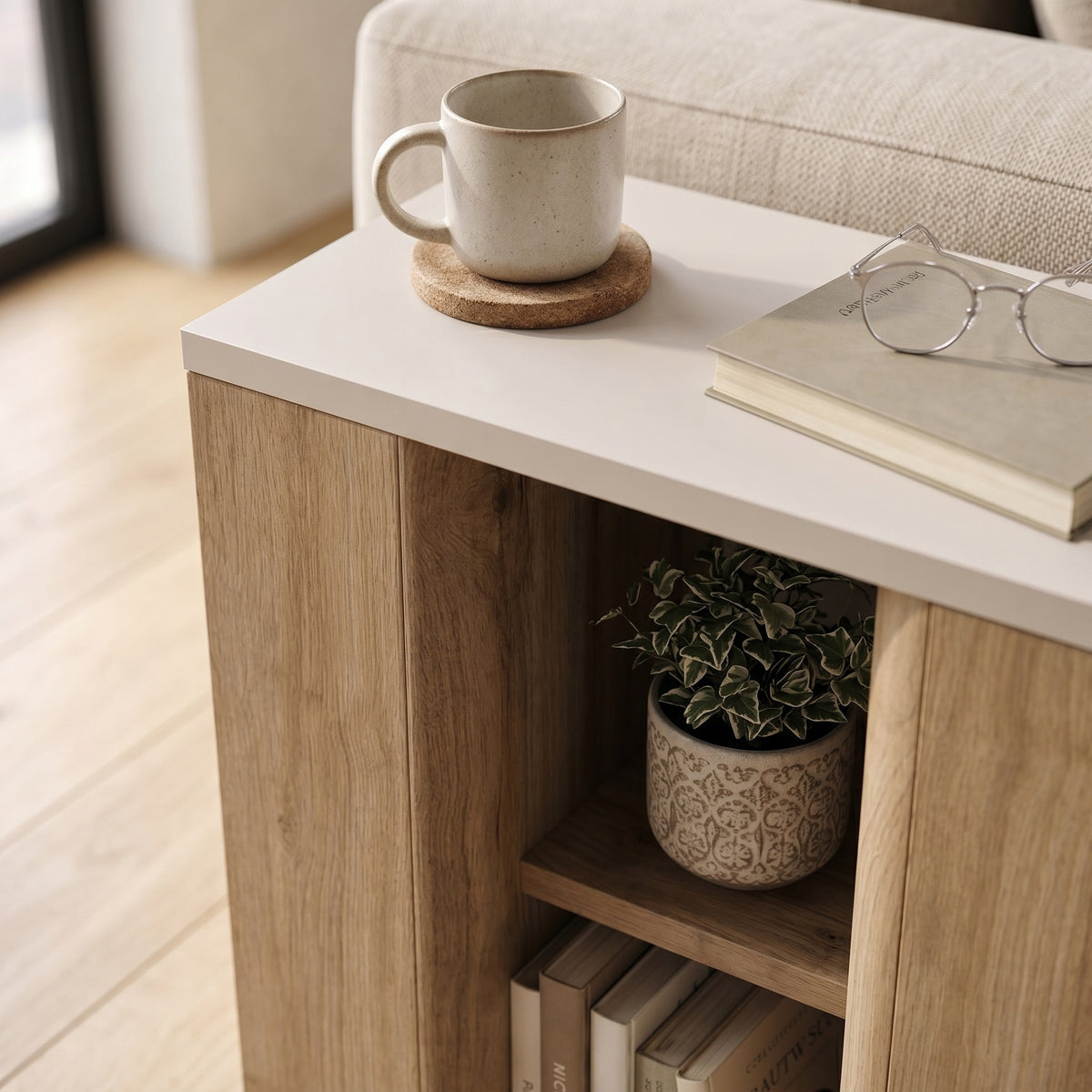 Rudmo 45 cm Slim Side Table with Open Storage Niches — Natural Oak, Sandstone
