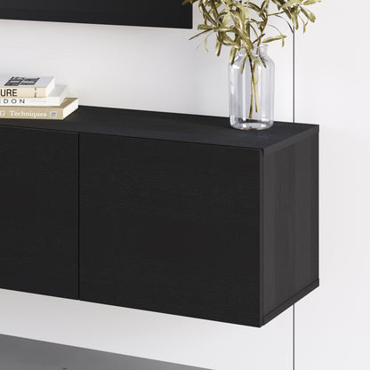 Hesmo 180cm Wall-Mounted TV Unit with 4 Soft-Close Doors — Black Wood