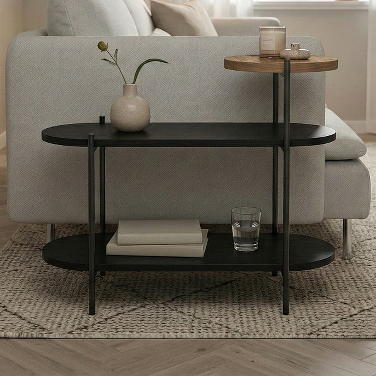 Fyrel 64cm 3-Tier Display Side Table with Metal Frame — Black Wood