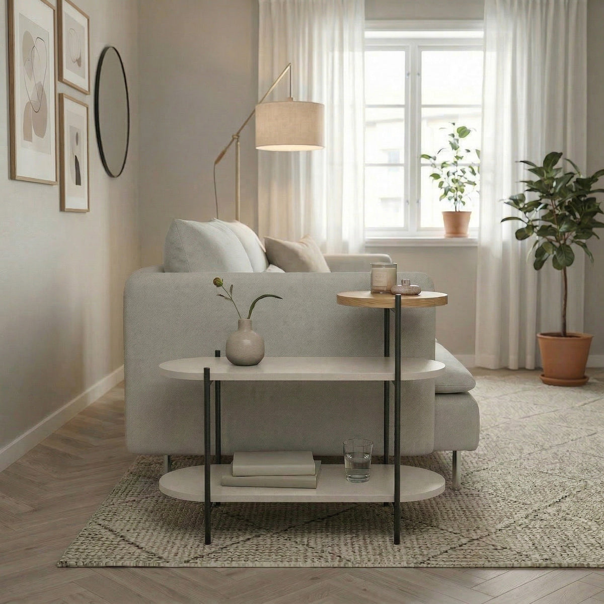 Fyrel 64cm 3-Tier Display Side Table with Metal Frame — Sandstone