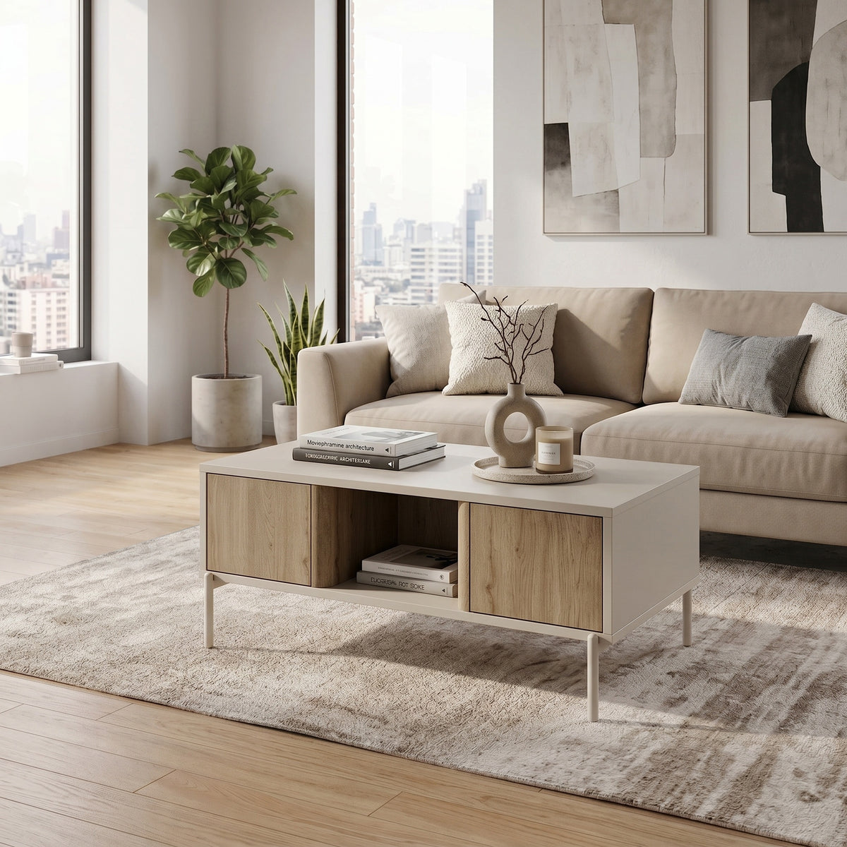 Fennor 90 cm Coffee Table with 2 Pull-Out Storage Boxes — Natural Oak, Sandstone
