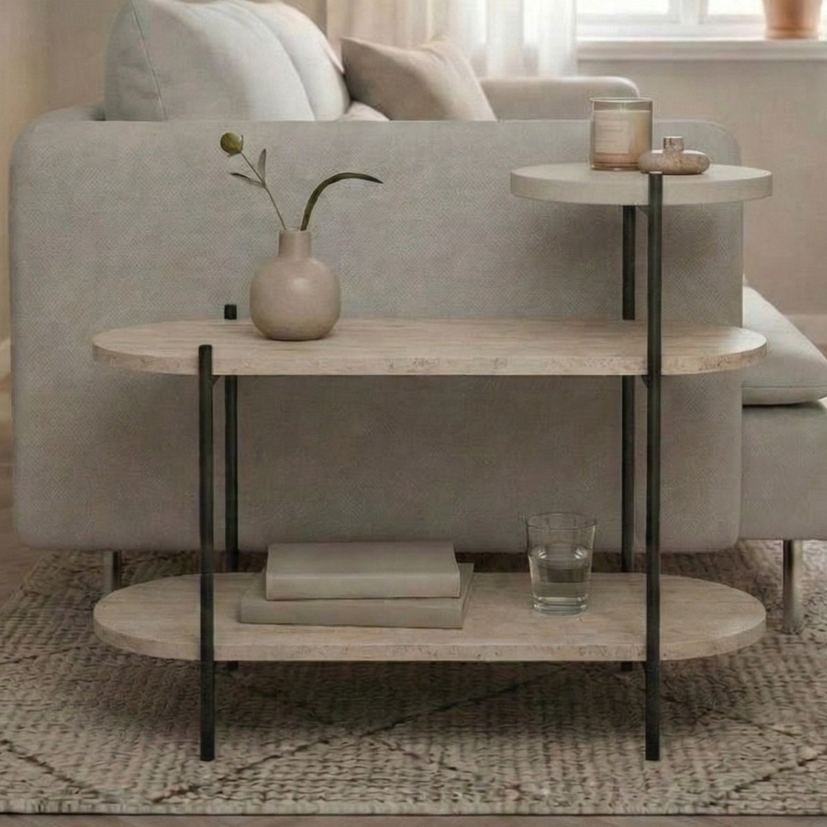 Fyrel 64cm 3-Tier Display Side Table with Metal Frame — Travertine