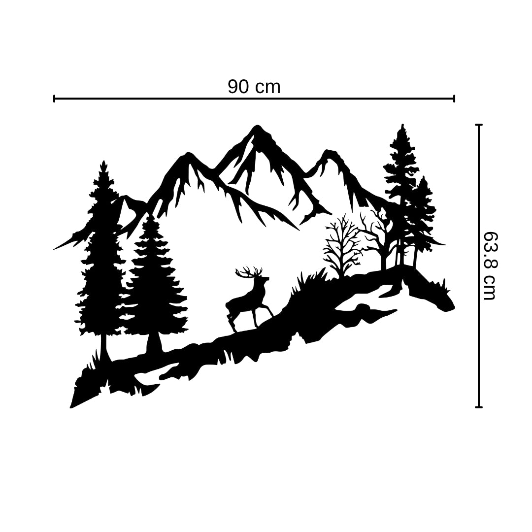 Mountain Deer Metal Wall Art – 3D Nature Scene with Trees & Mountains | 3 Sizes