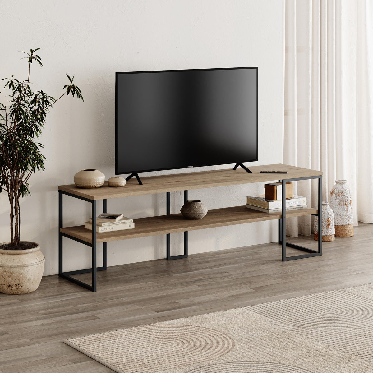 Quorne 140cm Open TV Unit with Black Metal Frame — Natural Oak