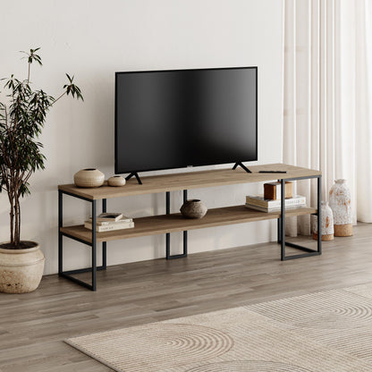 Quorne 140cm Open TV Unit with Black Metal Frame — Natural Oak