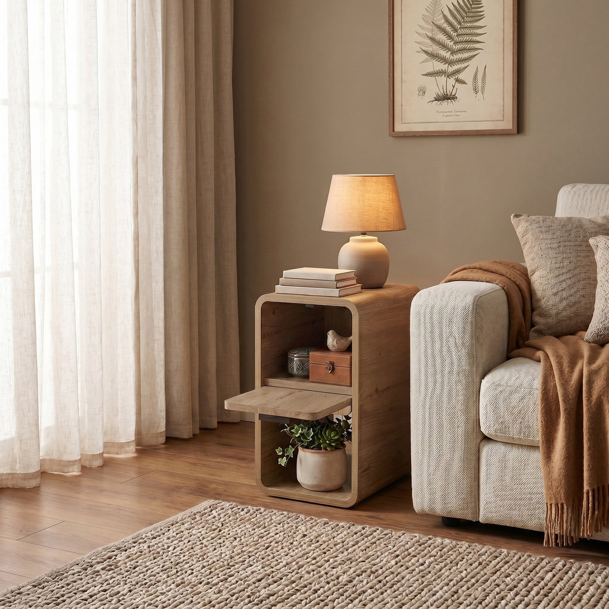 Sendra 30 cm Side Table with Drop-Down Door Storage — Natural Oak