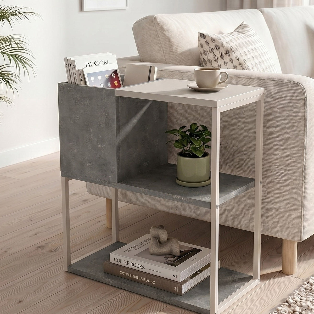Hasvo 55 cm Multi-Tier Side Table with Cube Storage — Retro Grey